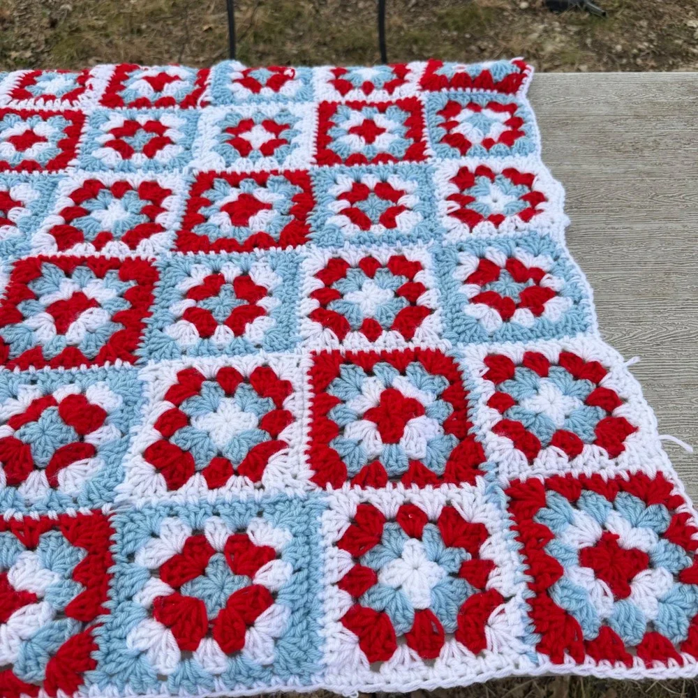 Handmade Crochet Granny Square Blanket Red White Blue Throw 39x33 Cottagecore